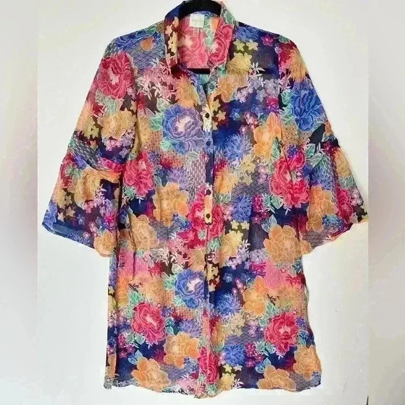 New! Cupio Sheer Floral Cover-Up Swim Tunic Blouse - Picture 1 of 7